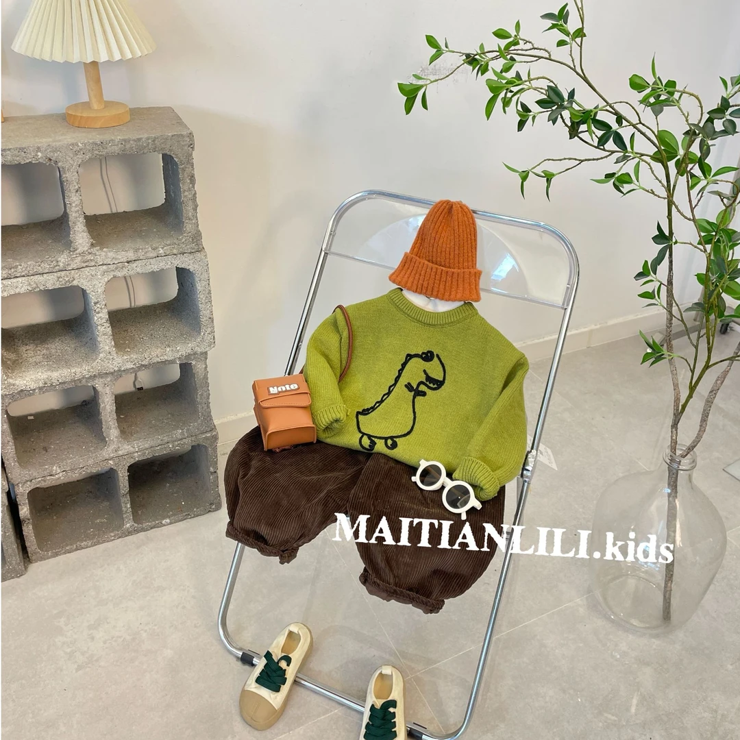 MTLL.2024秋季儿童韩版毛衣男女童卡通圆领套头恐龙毛衫男宝上衣