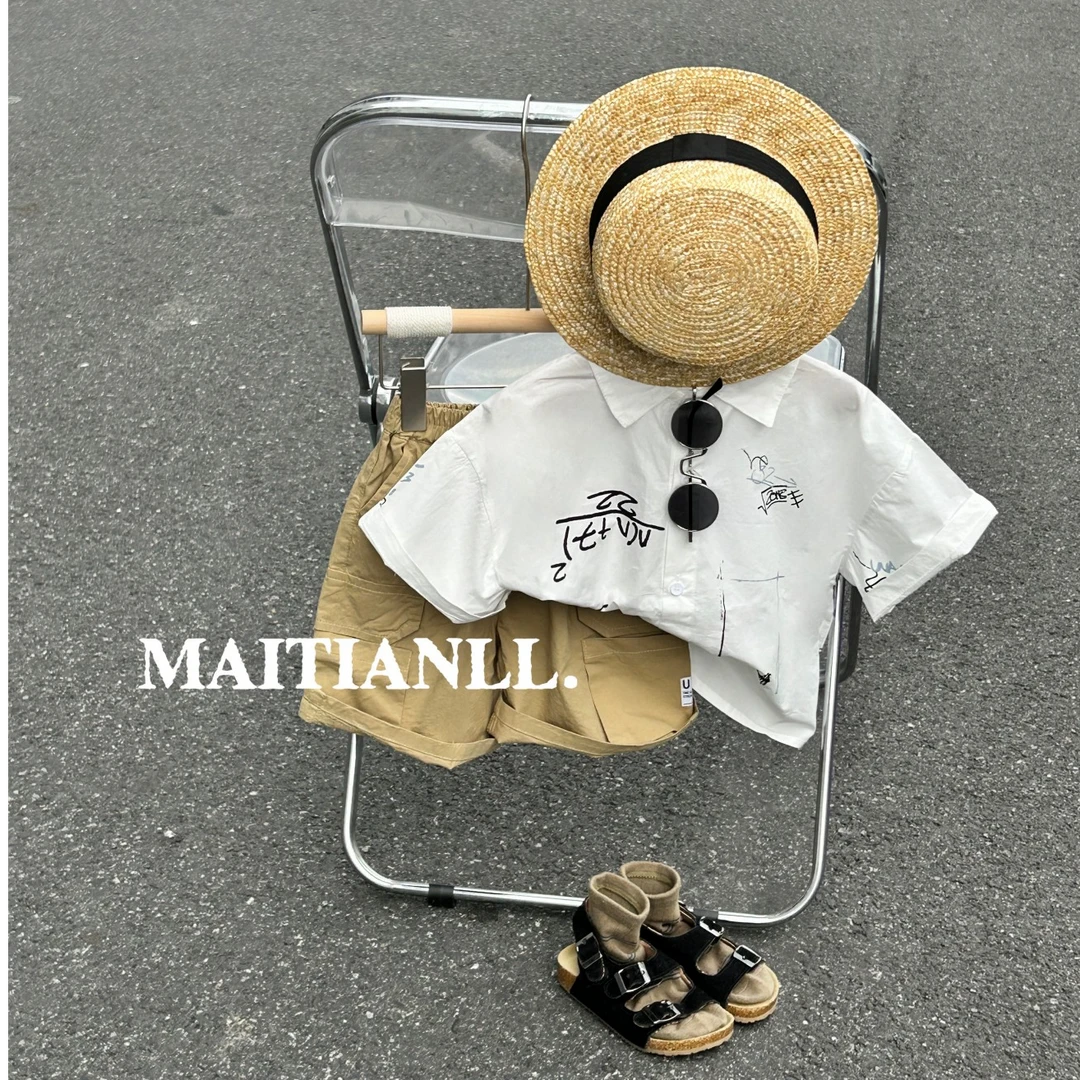 儿童夏季衬衫男童翻领气质白色衬衣涂鸦宽松短袖男宝宝衬衫