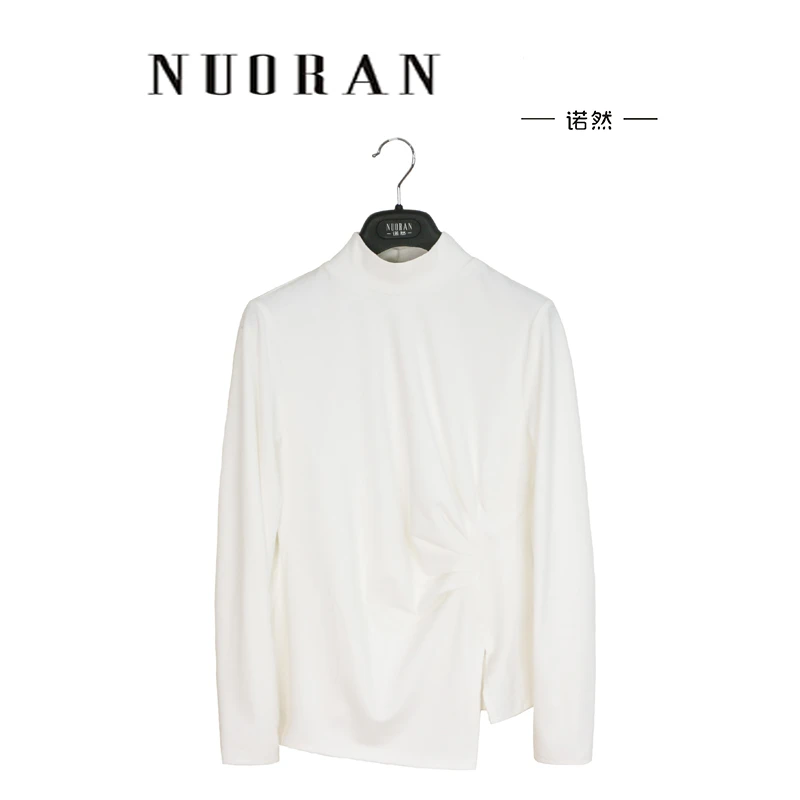 韩系长袖百搭设计感小众不规则长袖T恤女大码别致百搭半高领打底