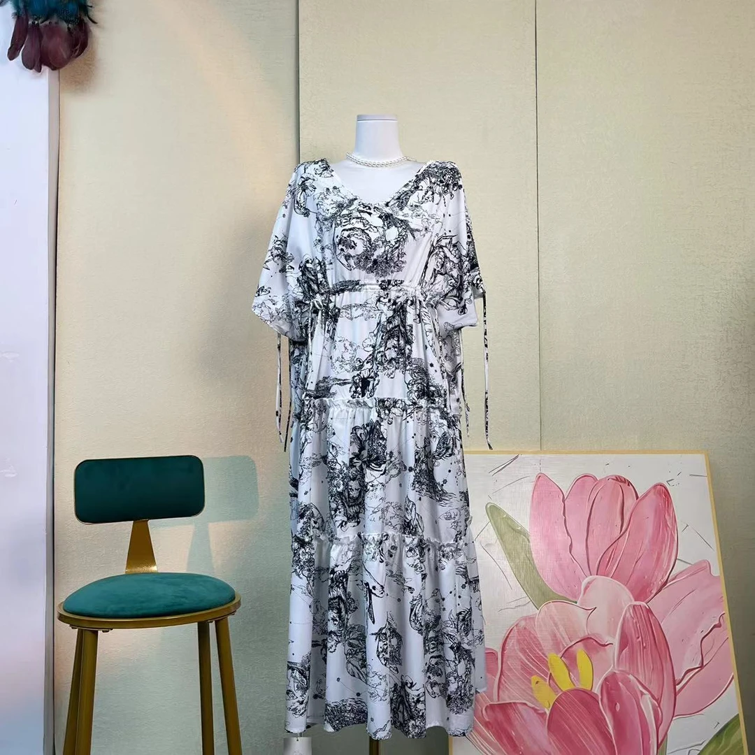 6852肥猫白色水墨花设计师抽绳潮流时尚连衣裙