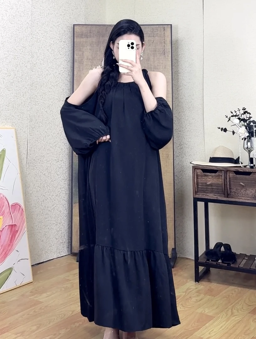 【51】肥猫黑色露肩款长款时尚轻奢连衣裙