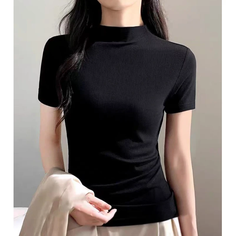 【比目鱼定制】新款时尚正肩设计感小众紧身百搭短款T恤#8850