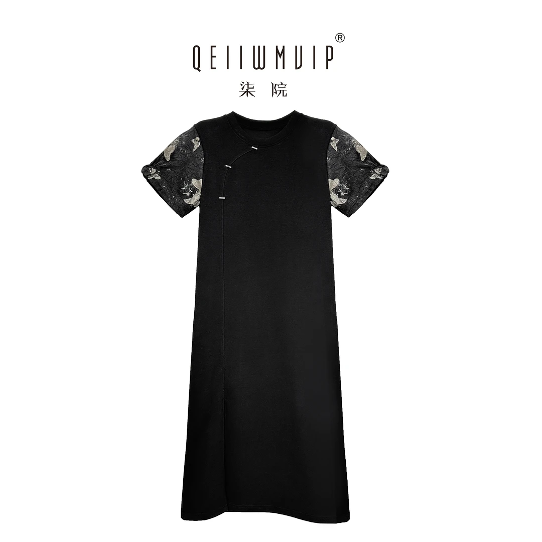 QEIIWMVIP/柒院夏季新中式时尚气质优雅国风短袖针织连衣裙9617