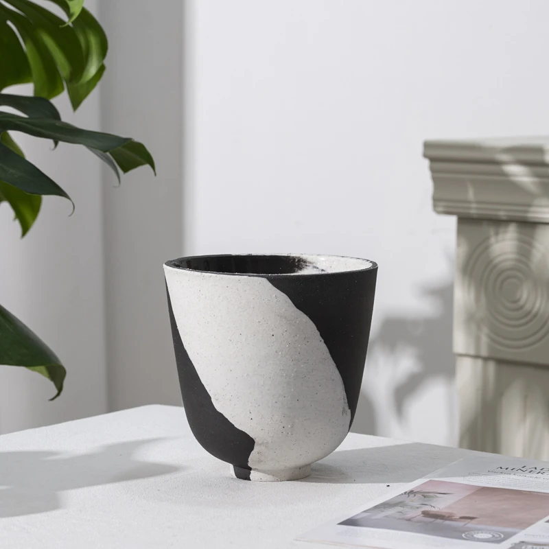 【黑白混色小号】简约百搭敞口斗盆小脚有孔陶瓷花盆绿植盆栽花器