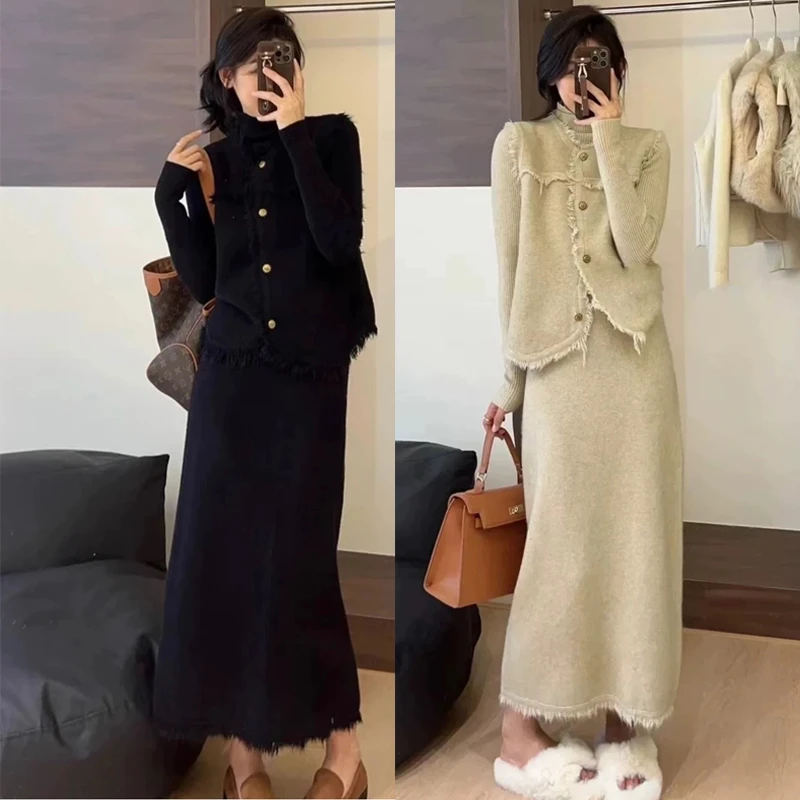 套装时尚气质真两件毛衣针织连衣裙#8838