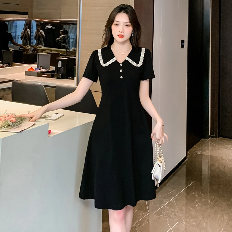 2025夏装新款蕾丝领花边拼接气质温柔显瘦连衣裙#664