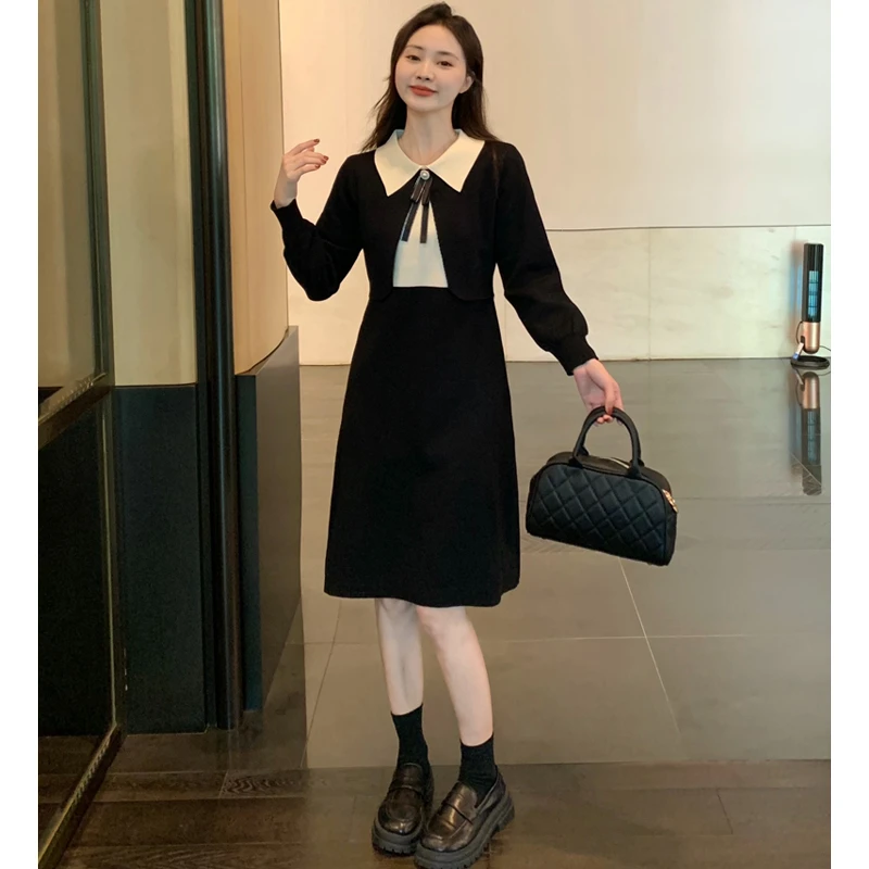 【艾墨儿】2024秋冬新款减龄大气显瘦假两件针织连衣裙#8874