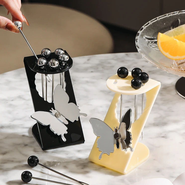 轻奢蝴蝶水果叉高级感不锈钢小叉子家用甜品插蛋糕叉收纳罐摆件