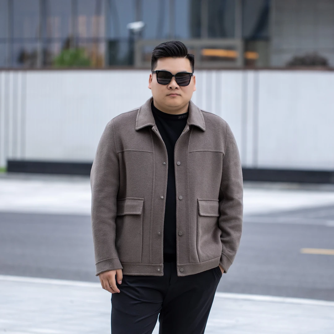 大码男装双面呢夹克加肥加大羊毛呢外套胖子肥佬宽松翻领夹克秋冬