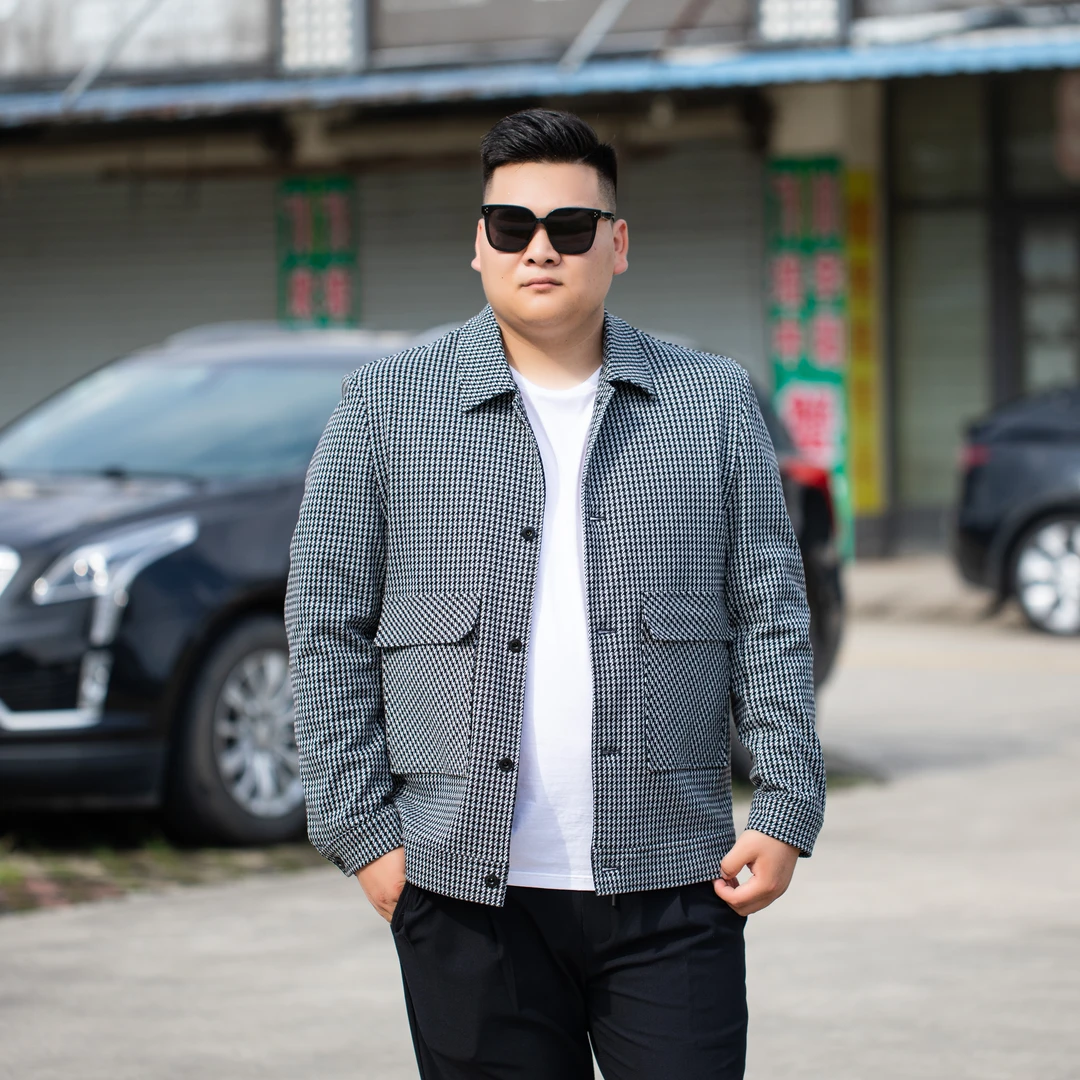 加肥加大男士夹克千鸟格外套微胖男士小众外套胖子轻奢大码男装