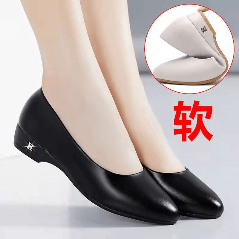 2024新款女士软皮软底妈妈鞋防滑浅口粗跟春秋舒适休闲百搭单鞋女