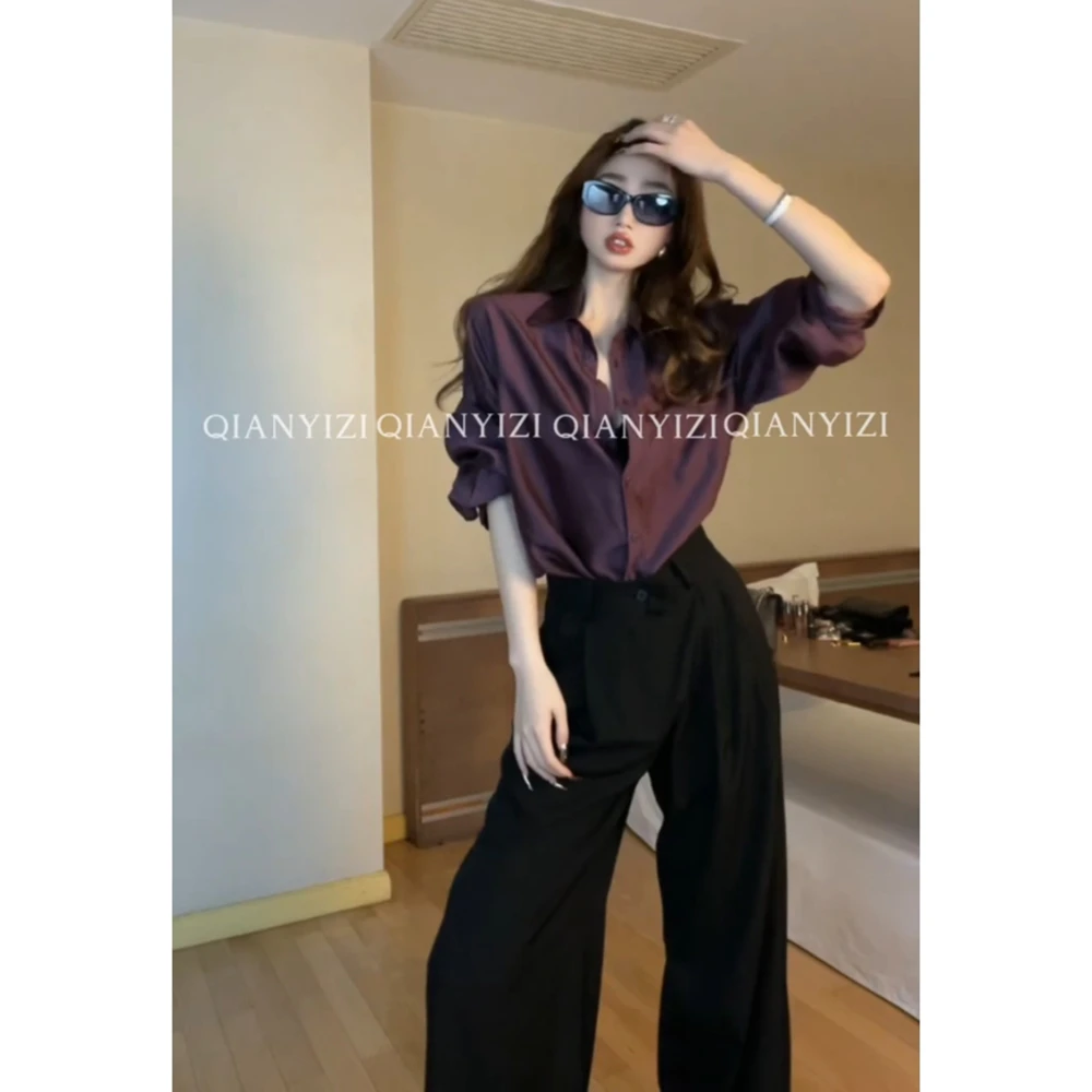 MARIE.COCO紫色醋酸缎面防晒衬衫外套女洋气法式外搭天丝衬衣上衣