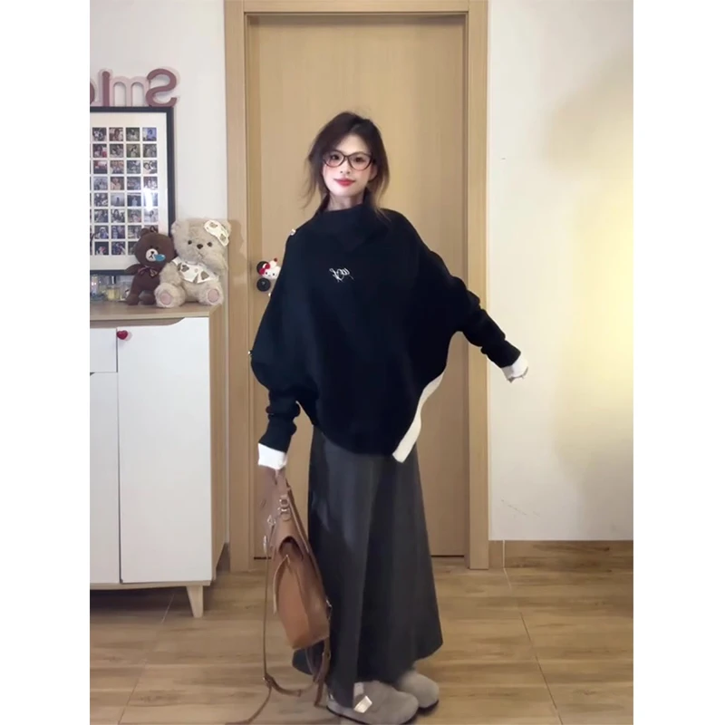 MARIE.COCO黑色蝙蝠袖不规则针织衫毛衣女秋冬名媛半身裙两件套装