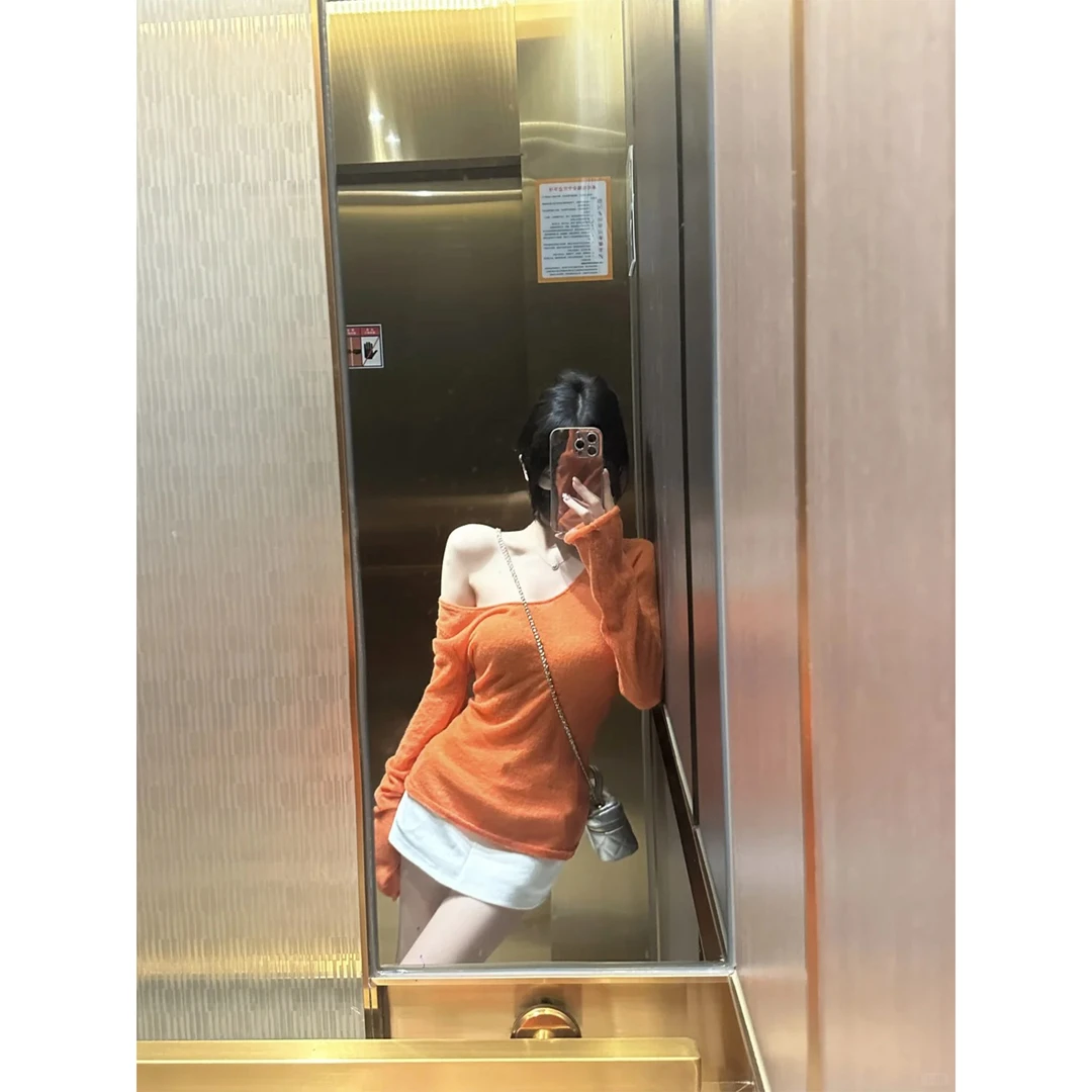 MARIE.COCO橘色针织修身显瘦斜肩T恤上衣女早秋高腰直筒半身裙子