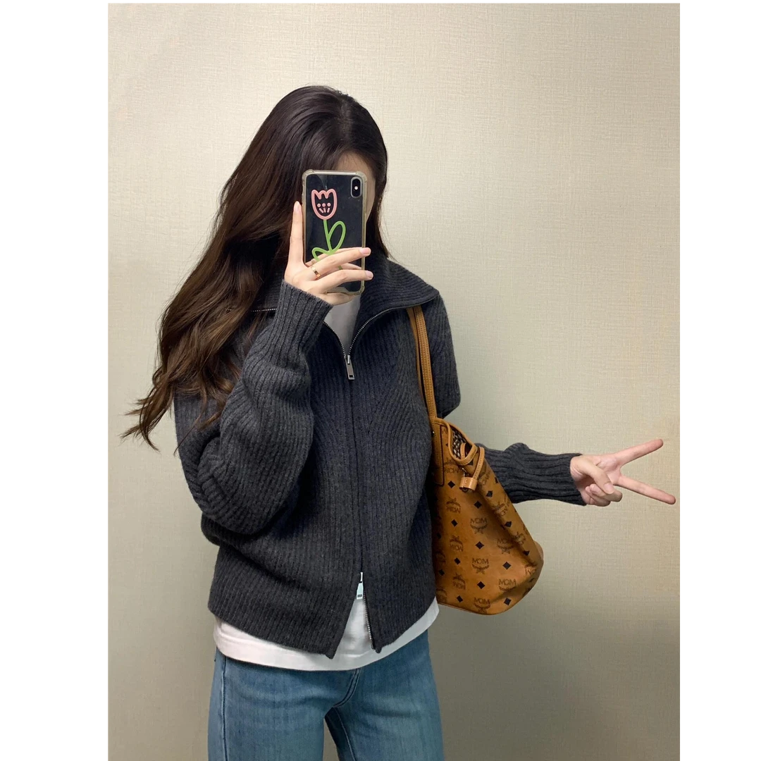 氛围感韩系灰色高领拉链针织开衫外套女秋冬季小个子外穿宽松毛衣