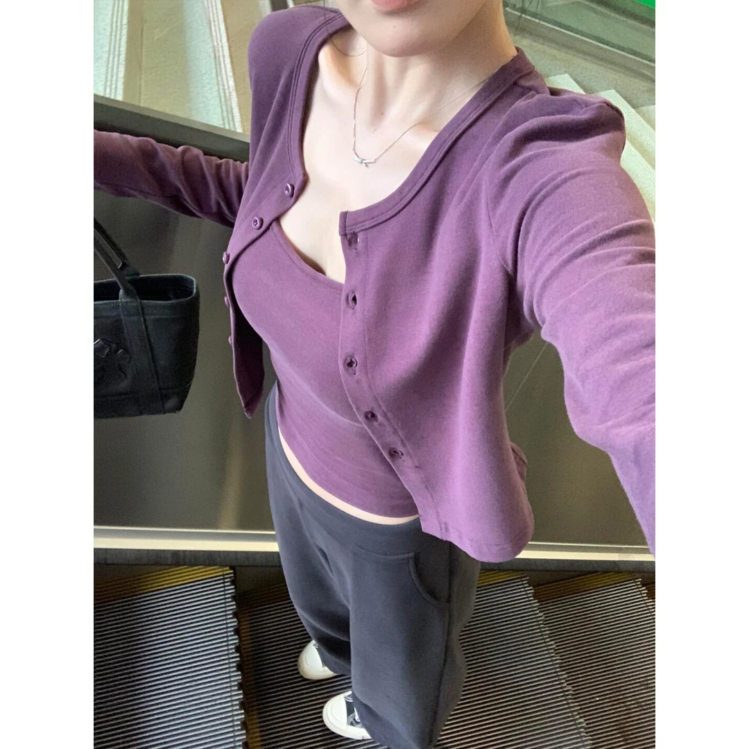 MARIE.COCO秋季紫色针织开衫外套内搭打底衫吊带背心上衣两件套女