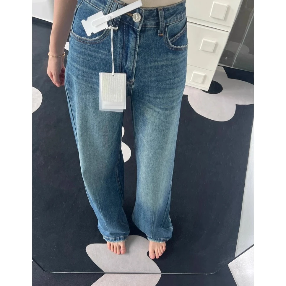 MARIE.COCO美式复古蓝色高腰牛仔裤女夏季宽松显瘦拖地阔腿长裤子