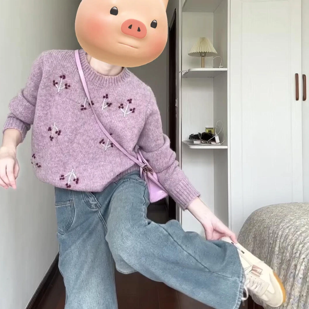 MARIE.COCO2024秋冬纯色图案高级毛衣休闲裤套装女阔腿裤子两件套