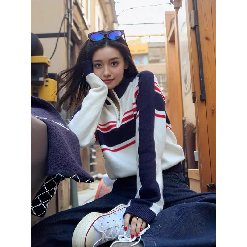 MARIE.COCO2025秋冬新款美式复古撞色半拉链针织衫设计感条纹上衣