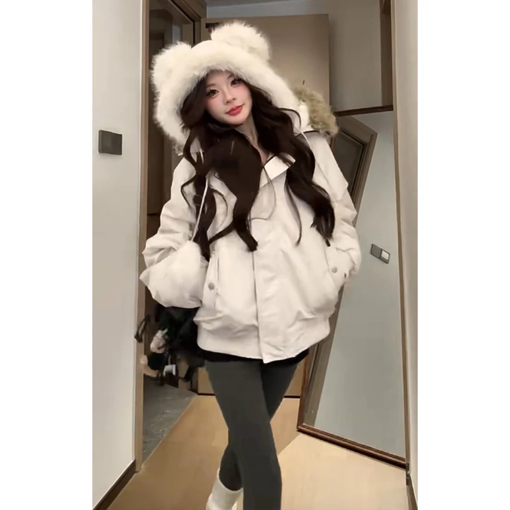 MARIE.COCO白色连帽毛领棉服女冬加绒加厚保暖高级感休闲夹棉外套