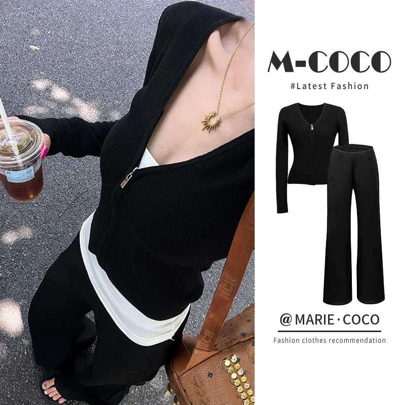 MARIE.COCO港风复古短款针织外套吊带背心上衣高腰阔腿休闲裤套装