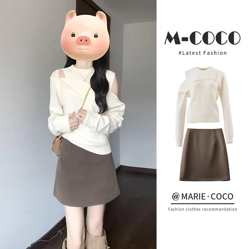 MARIE.COCO春季女法式气质露肩不规则长袖针织上衣百搭高腰半身裙