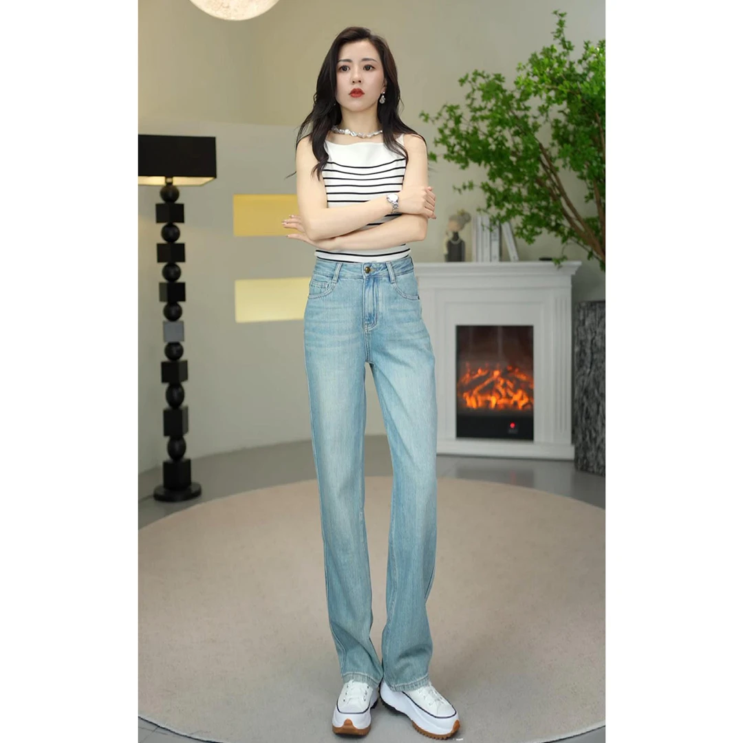 浅色阔腿牛仔裤裤子女高腰宽松显瘦2024年春秋新款港风拖地裤