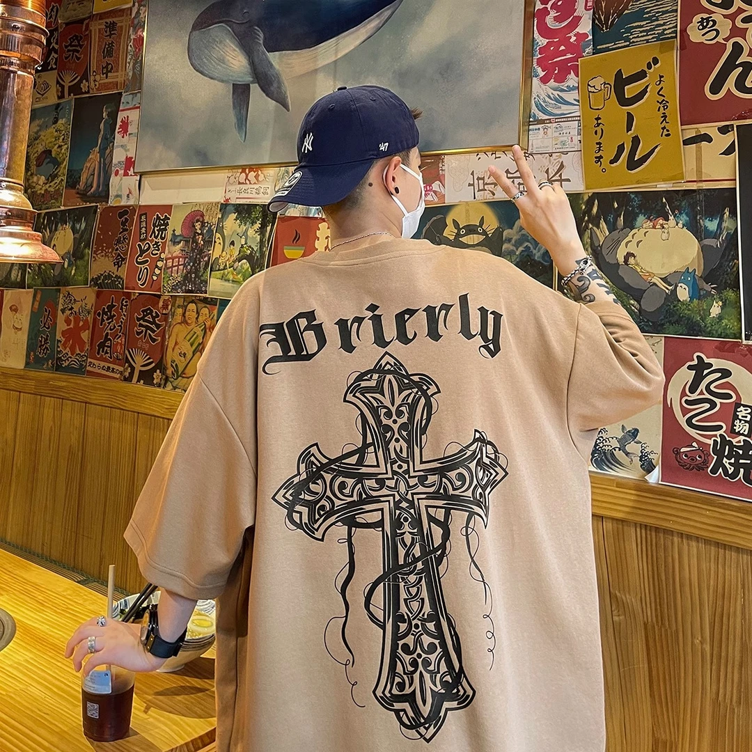 oversize七分袖男夏季240g重磅开叉短袖设计感t恤潮牌潮流体恤