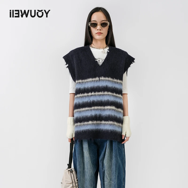 有尾有尾YOUWEI春夏条纹撞色牛仔拉毛复古秋冬拼接背心Y3422406
