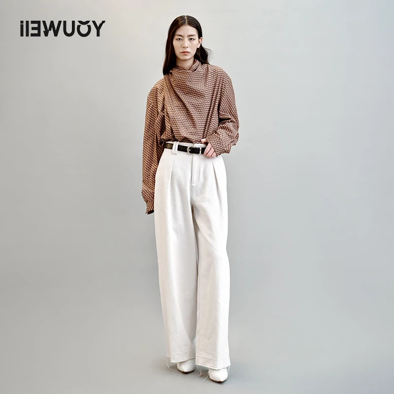 有尾iIEWUOY春夏麻牛仔春季直筒简约复古长袖长裤Y5123312白色