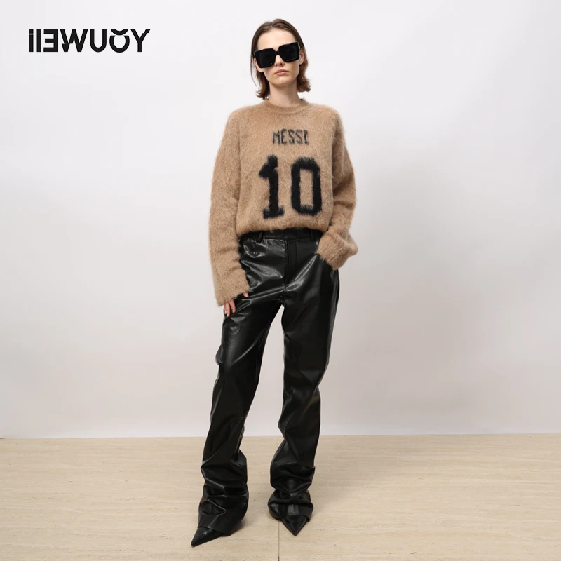 有尾YOUWEI春夏秋冬时尚百搭设计感油蜡皮瘦腿微喇长裤Y5423408-1