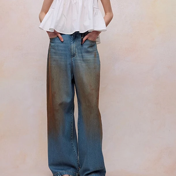 有尾iIEWUOY丁达尔穿搭擦脏复古牛仔渐变宽松长裤设计师Y5124204
