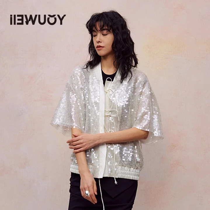 有尾YOUWEI 亮片半袖运动夹克Y2324204高智淡人蕾丝长袖白色