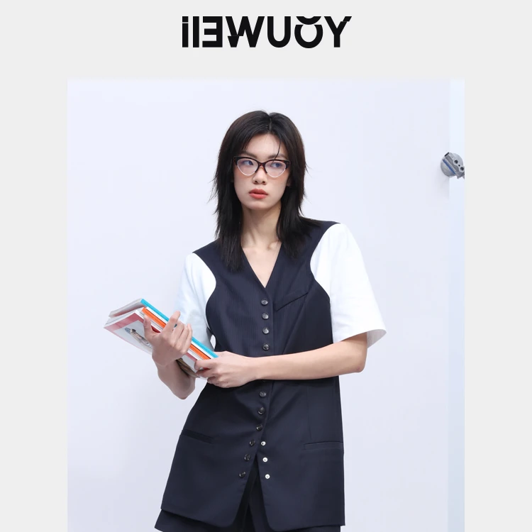 iIEWUOY假两件印花拼接夏季气质马甲Y1823202春夏短袖高智淡人