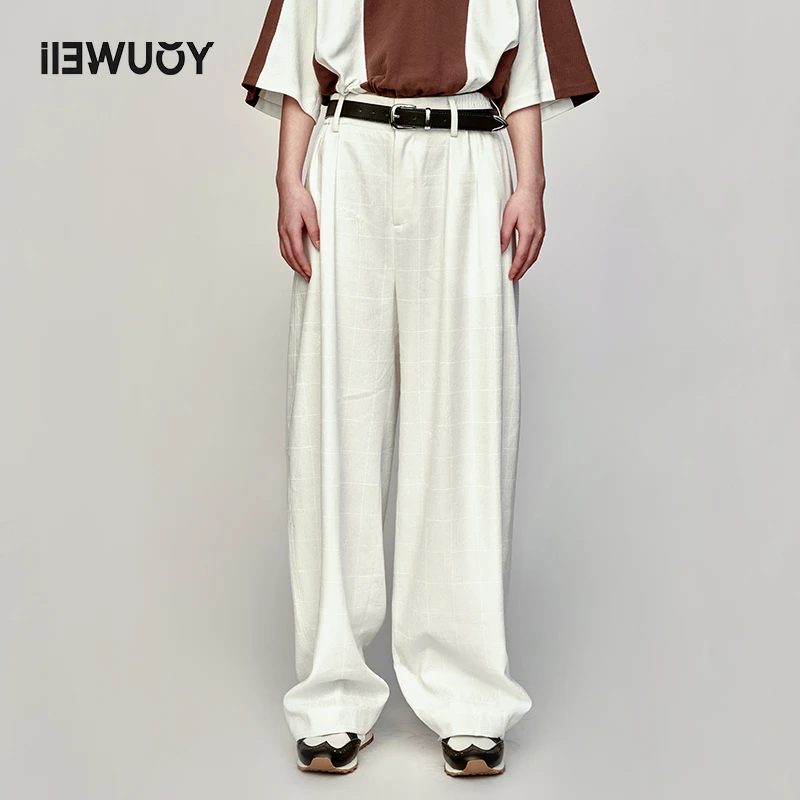 有尾YOUWEI阔腿裤长裤白色高腰直筒老钱格纹压印设计师Y5423303