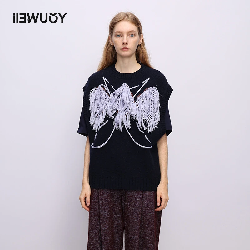 有尾YOUWEI春秋菱格毛衫背心 时尚印花设计师圆领毛衣Y3422307