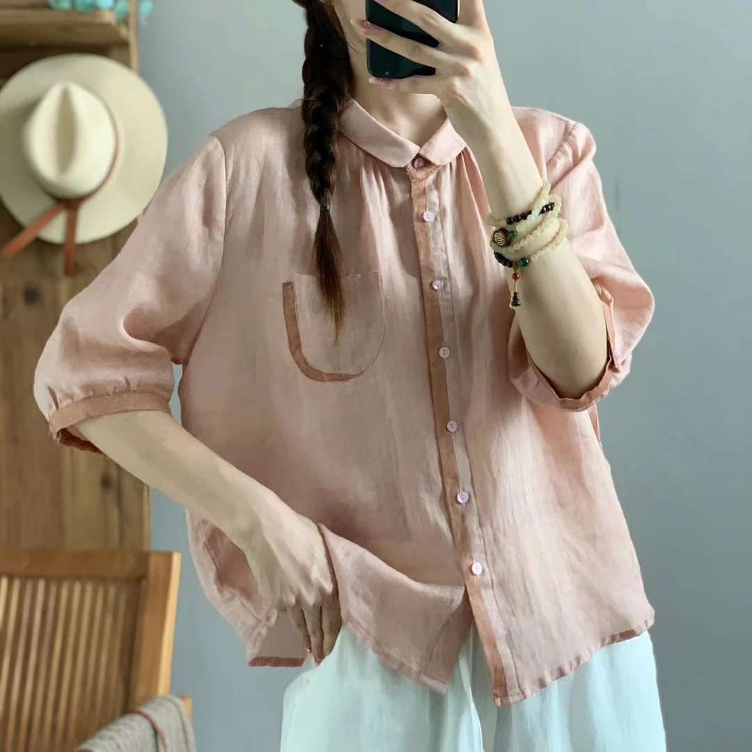 小个子文艺休闲风苎麻拼色夏季新款衬衫 DYLJJ11556