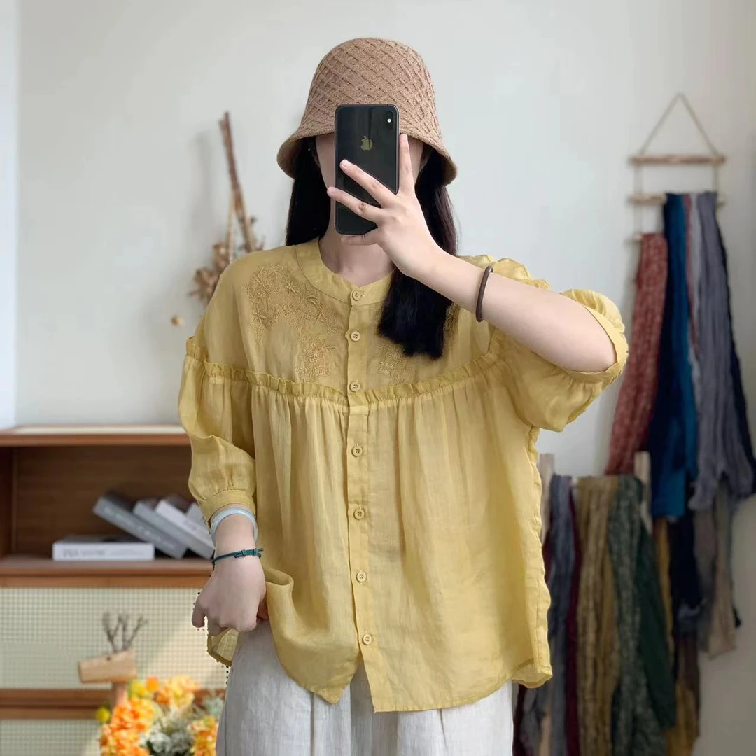 苎麻刺绣木耳边娃娃衫显瘦气质时尚休闲衬衫DY LJJ12036