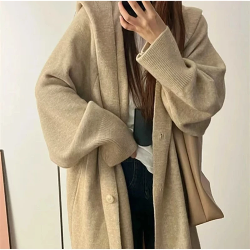 2024早秋新款针织开衫女士中长款大码毛衣外套宽松连帽大衣E738