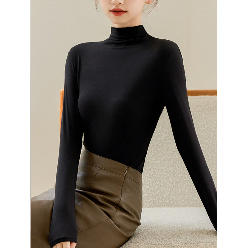 黑色半高领打底衫女秋冬季2024新款基础内搭修身显瘦t恤长袖上衣