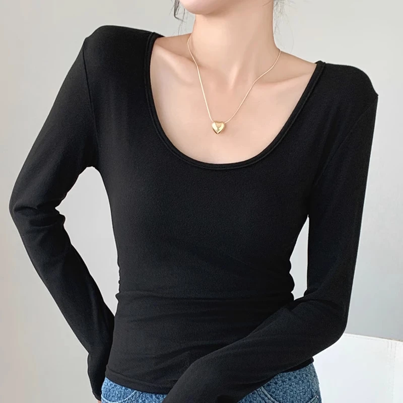 U领露锁骨上衣女秋冬季大领口低领修身显瘦2024新款打底衫长袖T恤