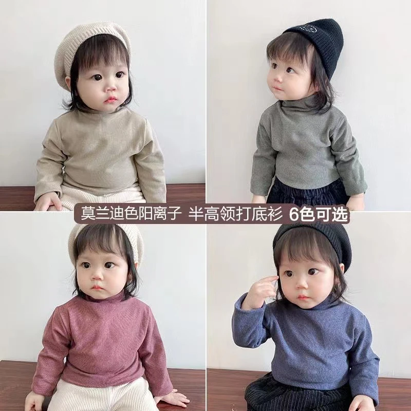儿童秋冬德绒阳离子打底衫男女童半高领磨毛保暖上衣宝宝简约内搭