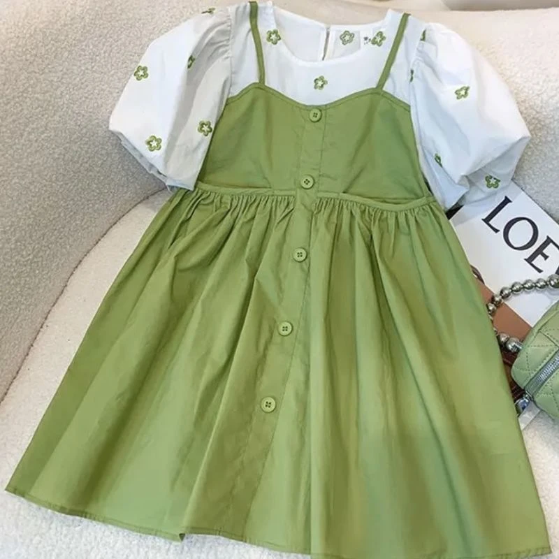 女童夏季连衣裙2023新款韩版女孩夏装儿童假两件短袖洋气公主裙潮