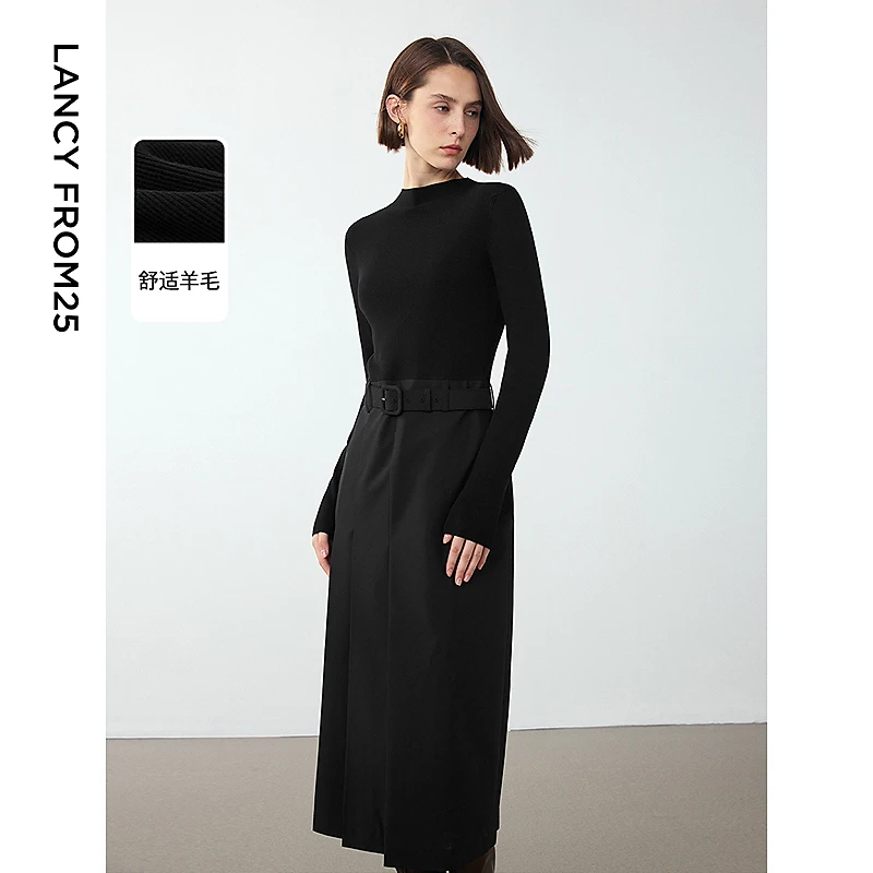 朗姿法式羊毛高级感收腰气质小黑裙女士2024年冬季新款复古连衣裙