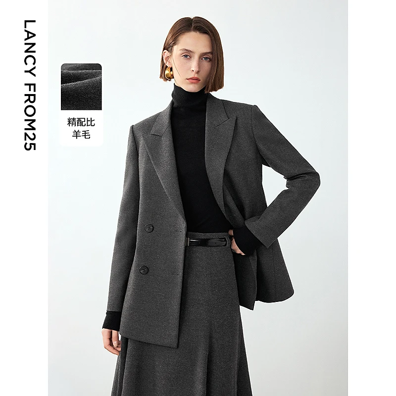 朗姿复古羊毛灰色高级感气质通勤职业西服外套女2024冬季新款西装