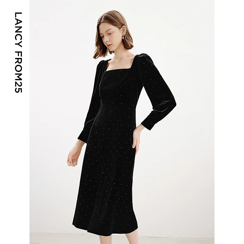 朗姿新款法式气质方领泡泡袖长袖收腰显瘦鱼尾丝绒连衣裙