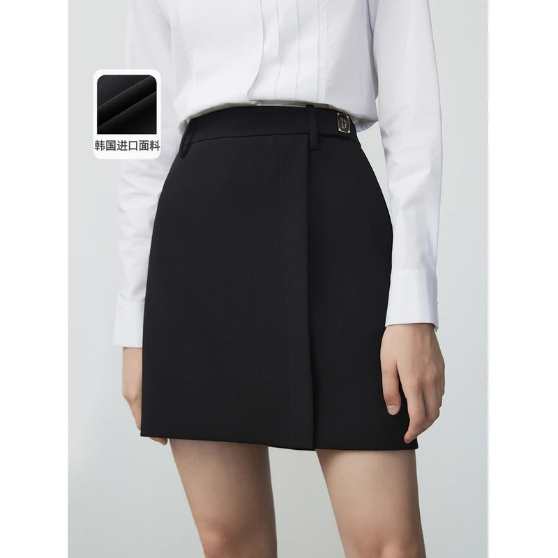 朗姿法式学院风高腰黑色短裙半身裙2023年冬季新款显瘦气质包臀裙