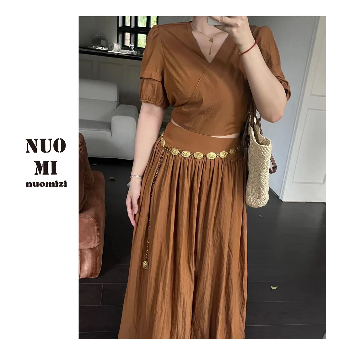 ZOZ糯米子【出游计划上衣】 复古气质法式时尚V领显瘦短袖上衣轻奢