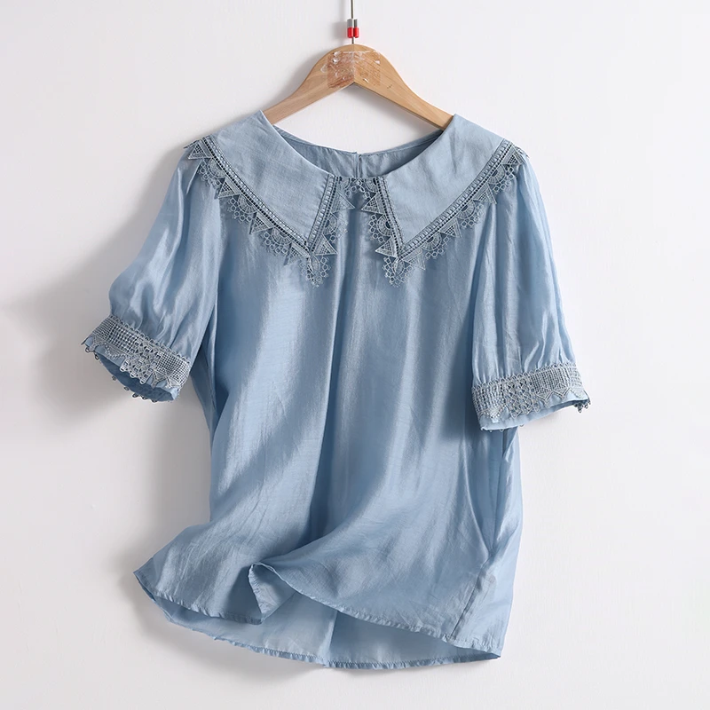 12736 柜货！ 时尚洋气女式夏日蕾丝边娃娃领短袖小衫衬衫