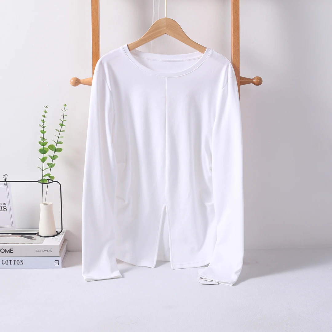 22019  几何呼吸~高端棉！立体裁剪收腰显瘦纯色百搭女式长袖T恤